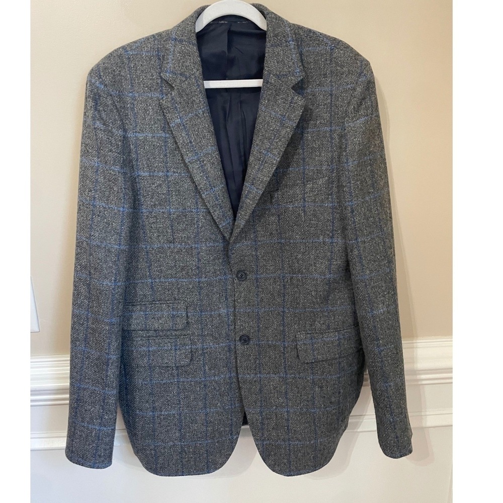 Boden Abraham Moon Wool Blazer Grey Blue Windowpane Plaid Sport Coat Mens 44L